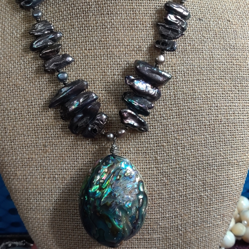 Large Mother of Pearl, Abalone, Pearl Necklace 19' Length Handcrafted